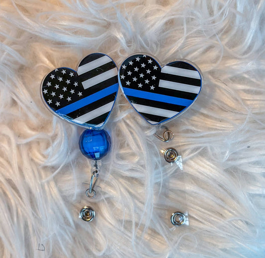Blue line heart badge reel
